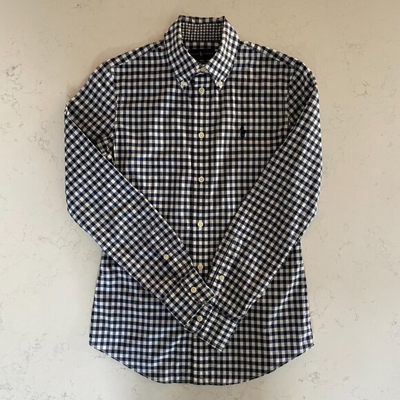 Ralph Lauren Blue Label Slim Fit LS Button Down Cotton Check Shirt Navy Wht Sz 2 - Picture 14 of 14